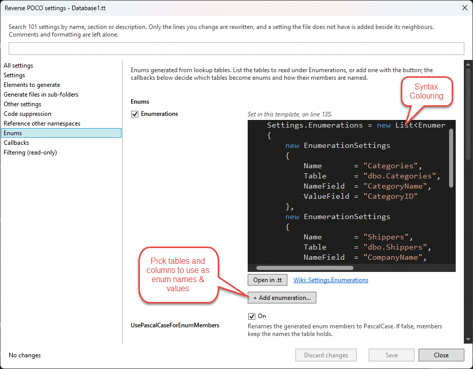 Enums section of the settings dialog with syntax-coloured Settings.Enumerations and an Add enumeration button
