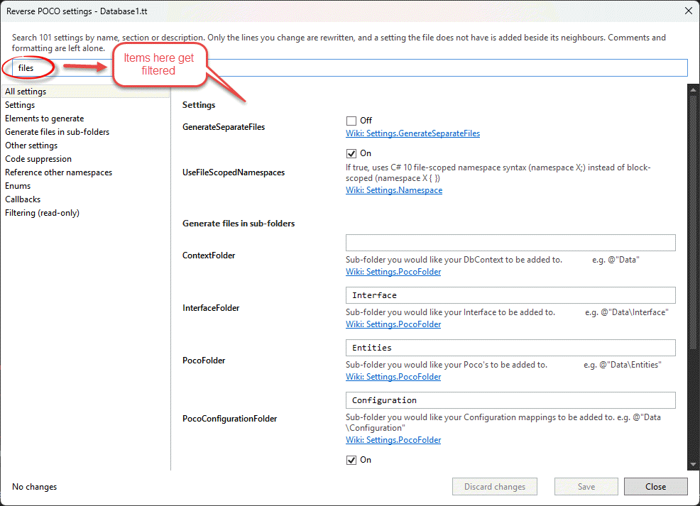 Settings dialog filtered by the word "files", showing GenerateSeparateFiles and the sub-folder settings with wiki links